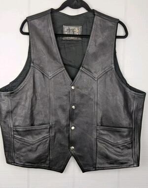 Vintage Hasbro Mens 3XL Black Leather Vest Snaps Motorcycle Biker Western XXXL